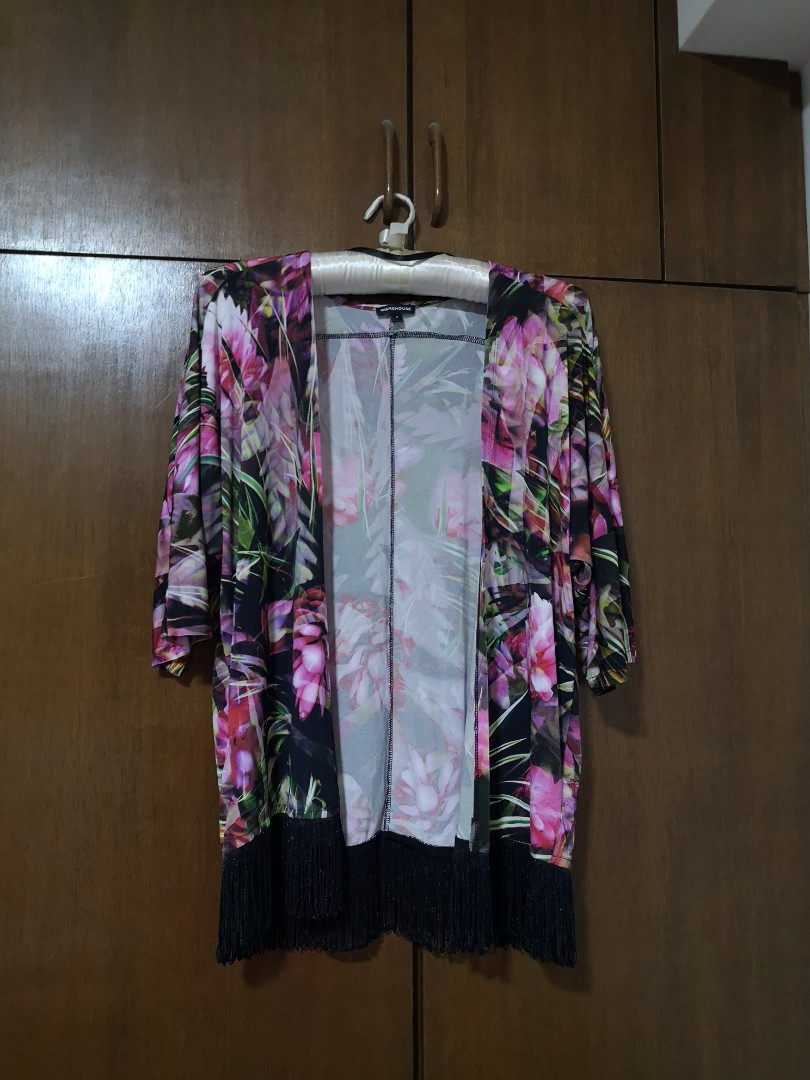 Tropical lycra kimono cardi with frills, Women's Fashion, Coats