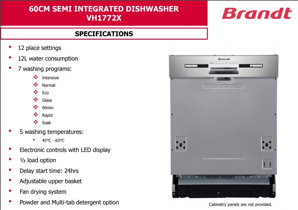 BRANDT SEMI/FULLY BUILTIN DISHWASHERS [VH1772X/VH1772J] MULTI MODELS