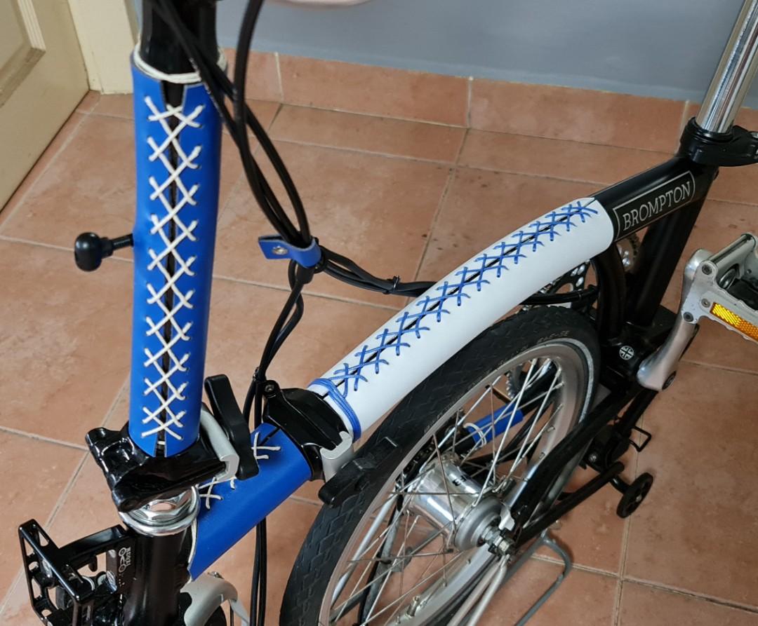 Brompton Frame Leather Protector (Category: Parts & Accessories) located in Singapore. Submitted by topspinner (Listing ID 1100046292, Image 2). Description: 2020 Tokyo Olympics colour Dress up your Brommie, Pikes, 360, Camp Royale and other similar bikes with White & Blue combination to feel the spirit of the Olympics. You have an option to purchase all blue or all white. Main items ($50): 1. main frame - $20 2. front frame - $12 3. stem - $15 4