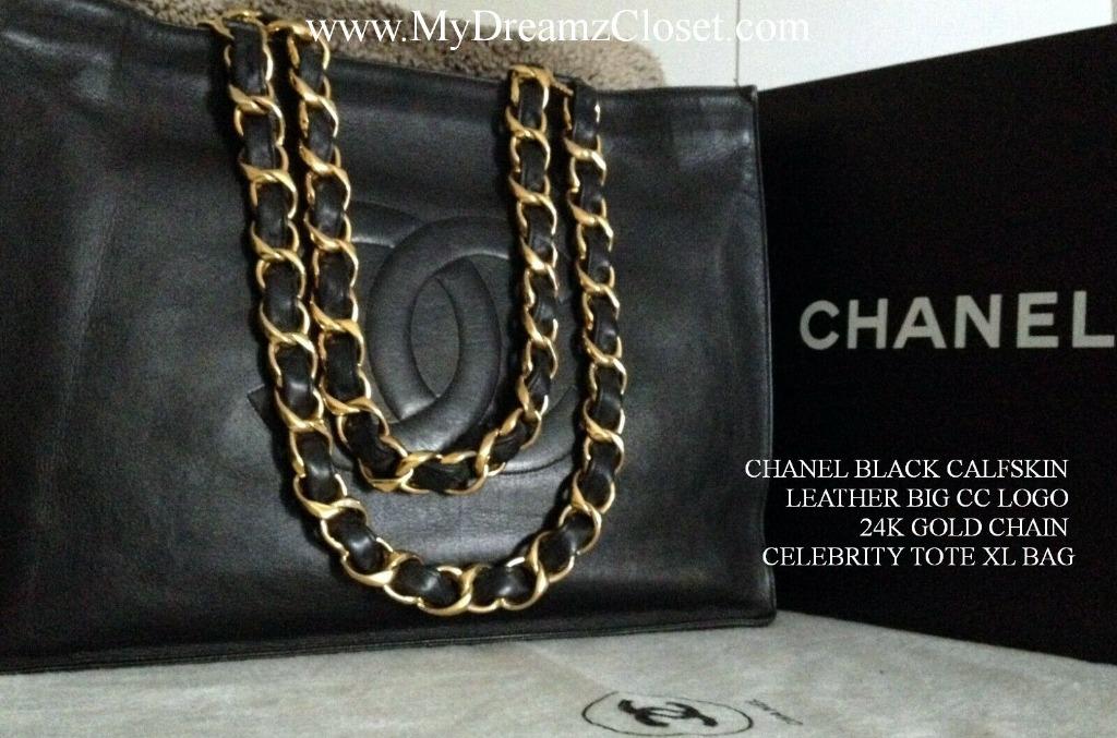 SOLD - CHANEL CLASSIC VINTAGE BLACK CALFSKIN TRIPLE CC 24K GOLD LOGO CHAIN  TOTE BAG - My Dreamz Closet