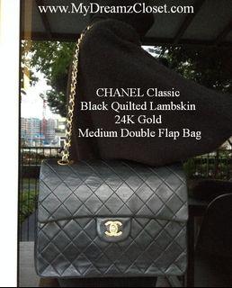 CHANEL Classic Black Quilted Lambskin 24K Gold Medium Double Flap Bag