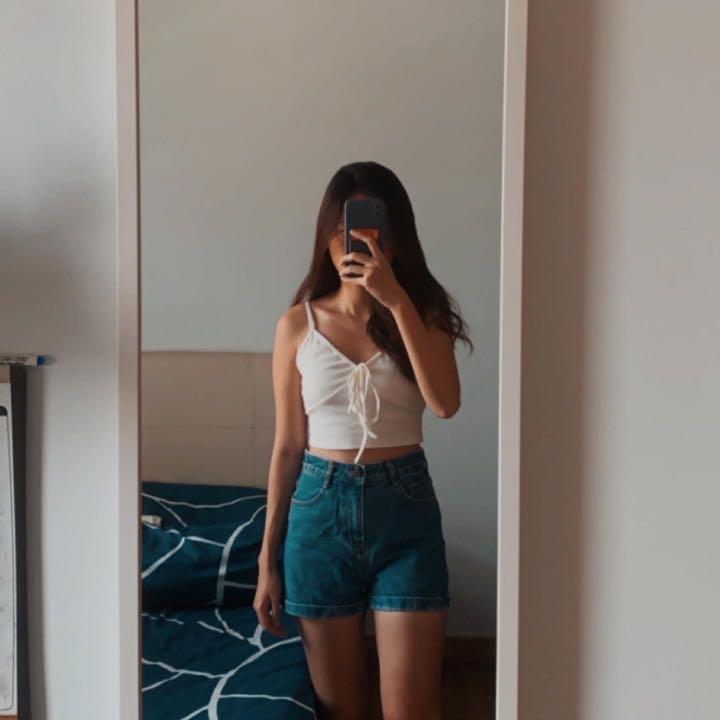 Dark Denim high waist cuffed shorts Women s Fashion Bottoms