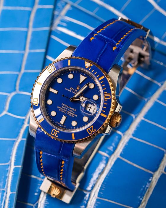 Handmade Handstitched Watch Strap In Electric Blue Crocodile