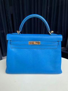 Hermes Kelly Bag 32cm Bi-color Celeste And Mykonos Epsom Retourne Candy  Palladium Hardware