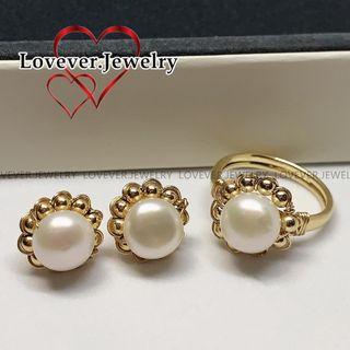 LOVEVER AUTHENTIC US 10K GOLD HANDMADE FRESH WATER PEARL JEWELRY SET (RING AND EARRINGS SET )