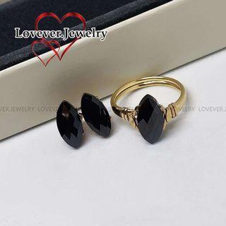 LOVEVER AUTHENTIC US 10K GOLD HANDMADE AUSTRIA BLACK ONYX CRYSTAL JEWELRY SET (RING AND EARRINGS SET )