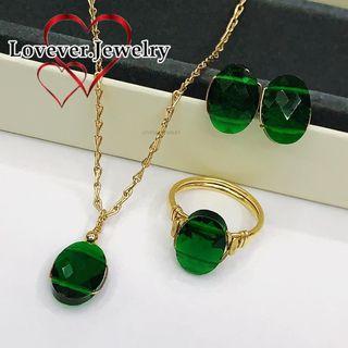 LOVEVER HIGH QUALITY AUTHENTIC 14/20 US 10K GOLD HANDMADE GREEN CRYSTAL JEWELRY SET (NECKLACE,RING AND EARRINGS SET )