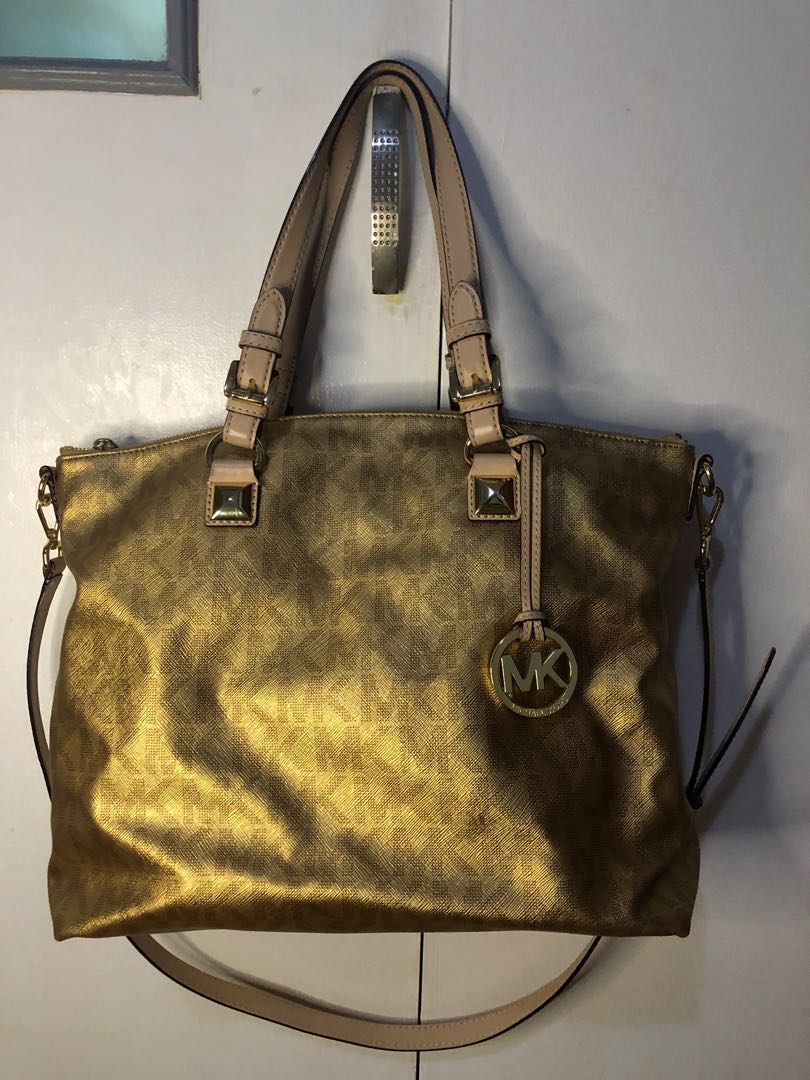 Heather Large Canvas and Metallic Faux Leather Shoulder Bag  Michael Kors