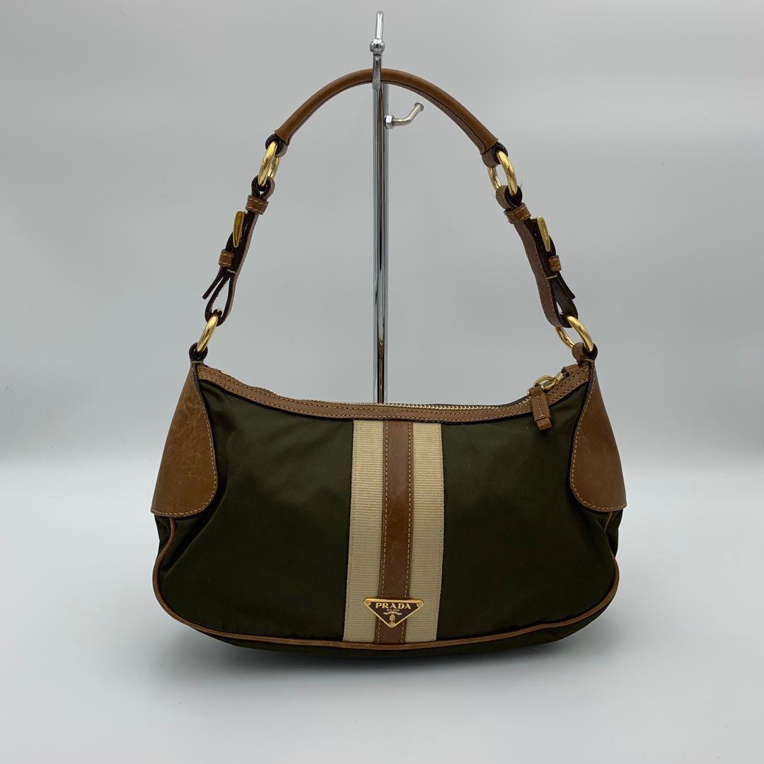 PRADA Large leather shoulder bag with topstitching Military Green