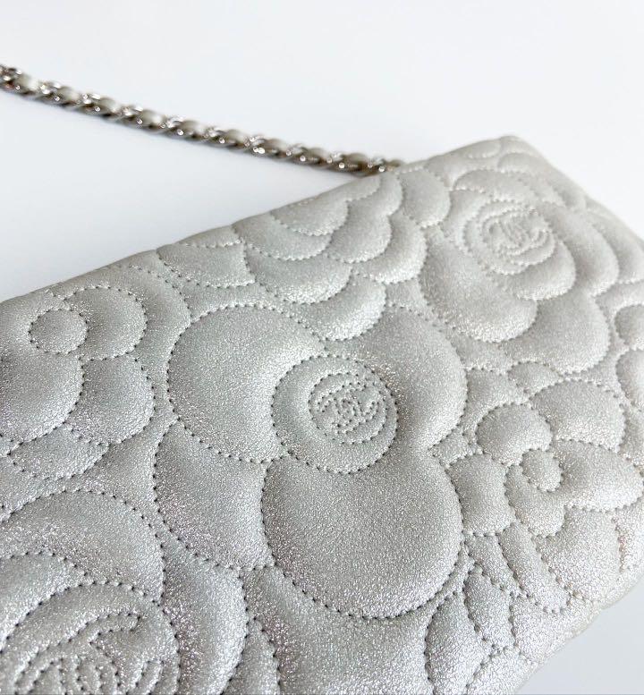 Chanel Silver Lambskin Leather Camellia Pochette Bag Chanel