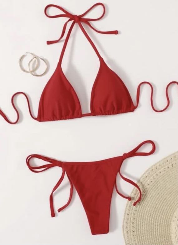 SHEIN triangle tiestring bikini in red, Women's Fashion, Swimwear