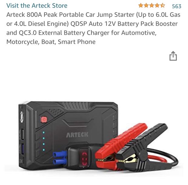 Arteck 800a peak portable car jump starter hotsell