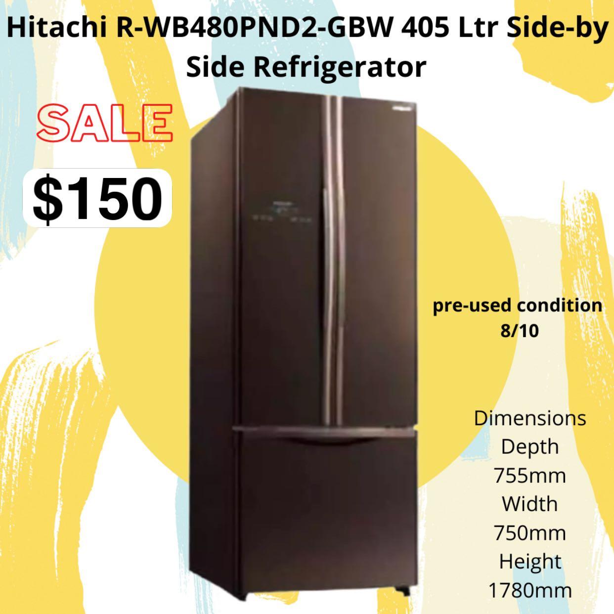 Used Hitachi RWB480PND2GBW 405 Ltr Sideby Side Refrigerator, TV