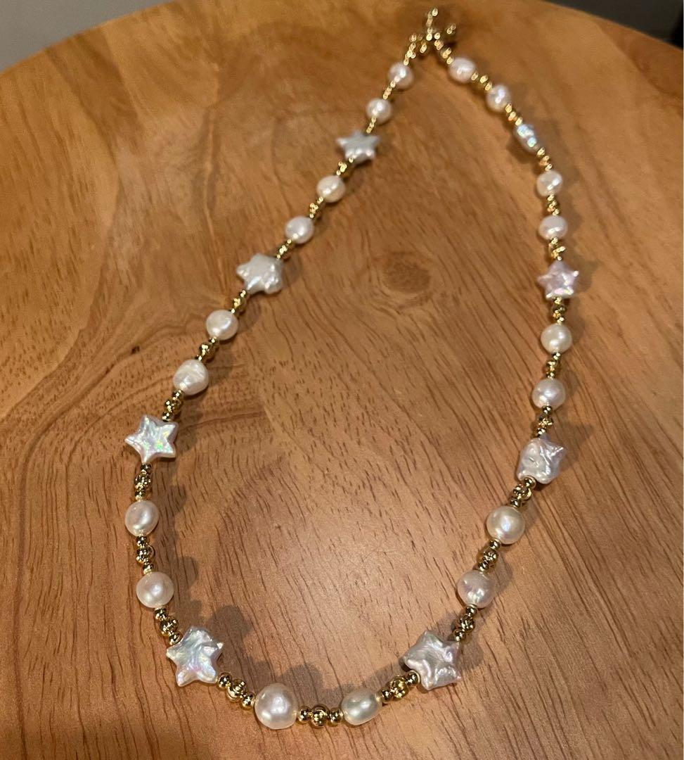 星型 巴洛克珍珠頸鏈配鬱金香花型頸鏈扣star Shaped Baroque Pearl Necklace 手作 自家設計 手作產品 飾物 Carousell