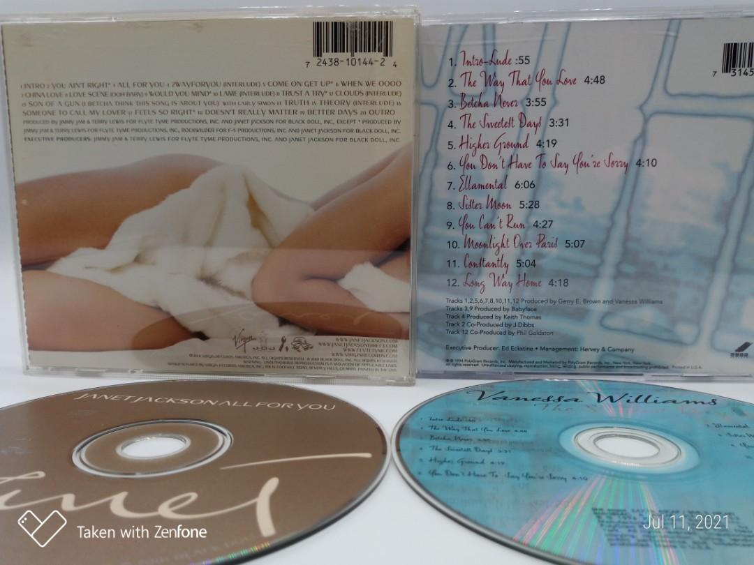JANET JACKSON/ VANESSA WILLIAMS Used CD ( US Release ) (Category: CDs & DVDs) located in Manila. Submitted by jeannetteyago (Listing ID 1100429097, Image 3). Description: JANET JACKSON/ VANESSA WILLIAMS Used CD ( US Release ) Price : Php 550 each Case : Good Condition Disc : Clean/NM Title : Janet ALL FOR YOU ( 2001 Virgin Records US Release ) Title : Vanessa Williams The Sweetest Days ( 1994 Polygram Records US Release ) Payment thru Gcash Shipp