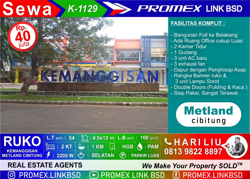 Ruko Kemanggisan Metland Cibitung Fasilitas Wah Siap pakai, Properti