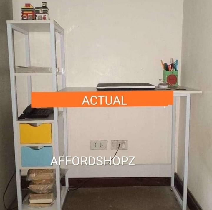 SALE Computer Table with Drawers 100cm (Category: Tables & Sets) located in Manila. Submitted by affordshopz (Listing ID 1100548676, Image 1). Description: Size: 100*40 Material: Wooden/ Metal base Color: white and L. Brown.