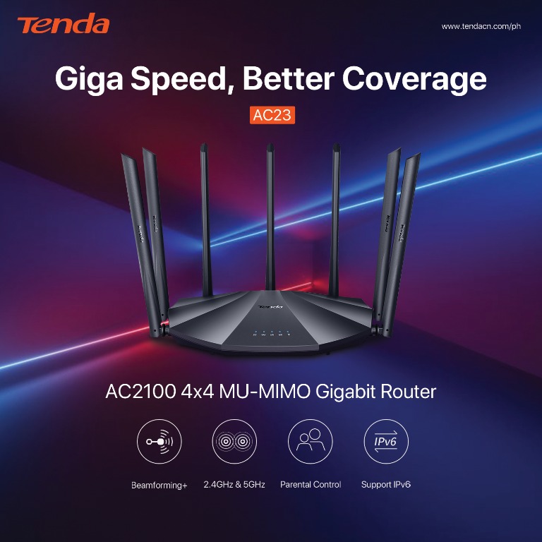 Tenda AC23 Router WiFi Gigabit Dual Band AC2100 - 4 Antenne Esterne 6dBi, MU-MIMO, 4 Porte Gigabit, Controllo Parentale, Per Fibra Ottica - 2