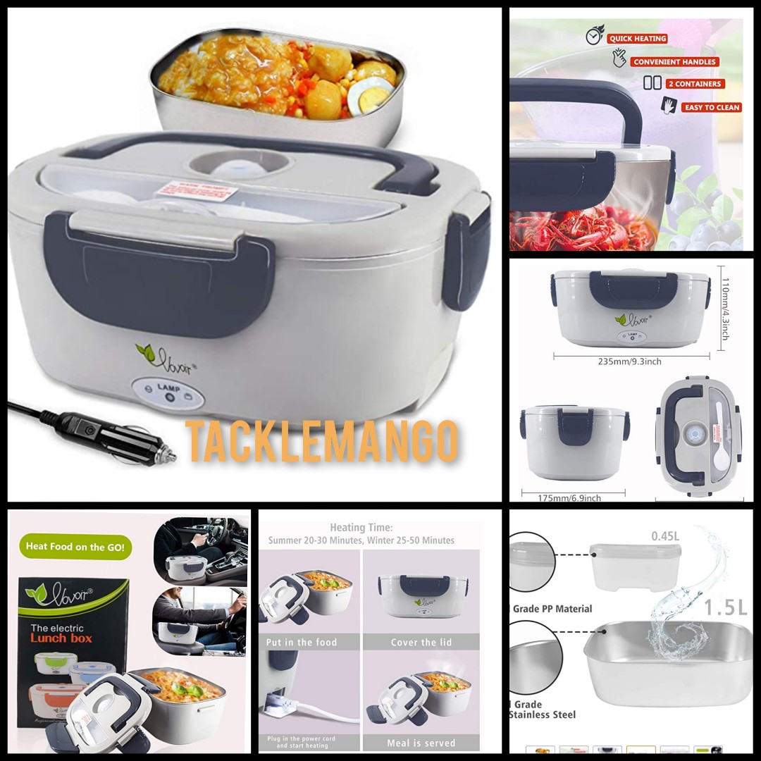 2 in 1 Meal Heating Box 110V 12V ErayLife Electric Lunch Heating Box 1.5L Stainless Steel Container Removable,Spoon Included Gray Suitable for Car/Office/Picnic