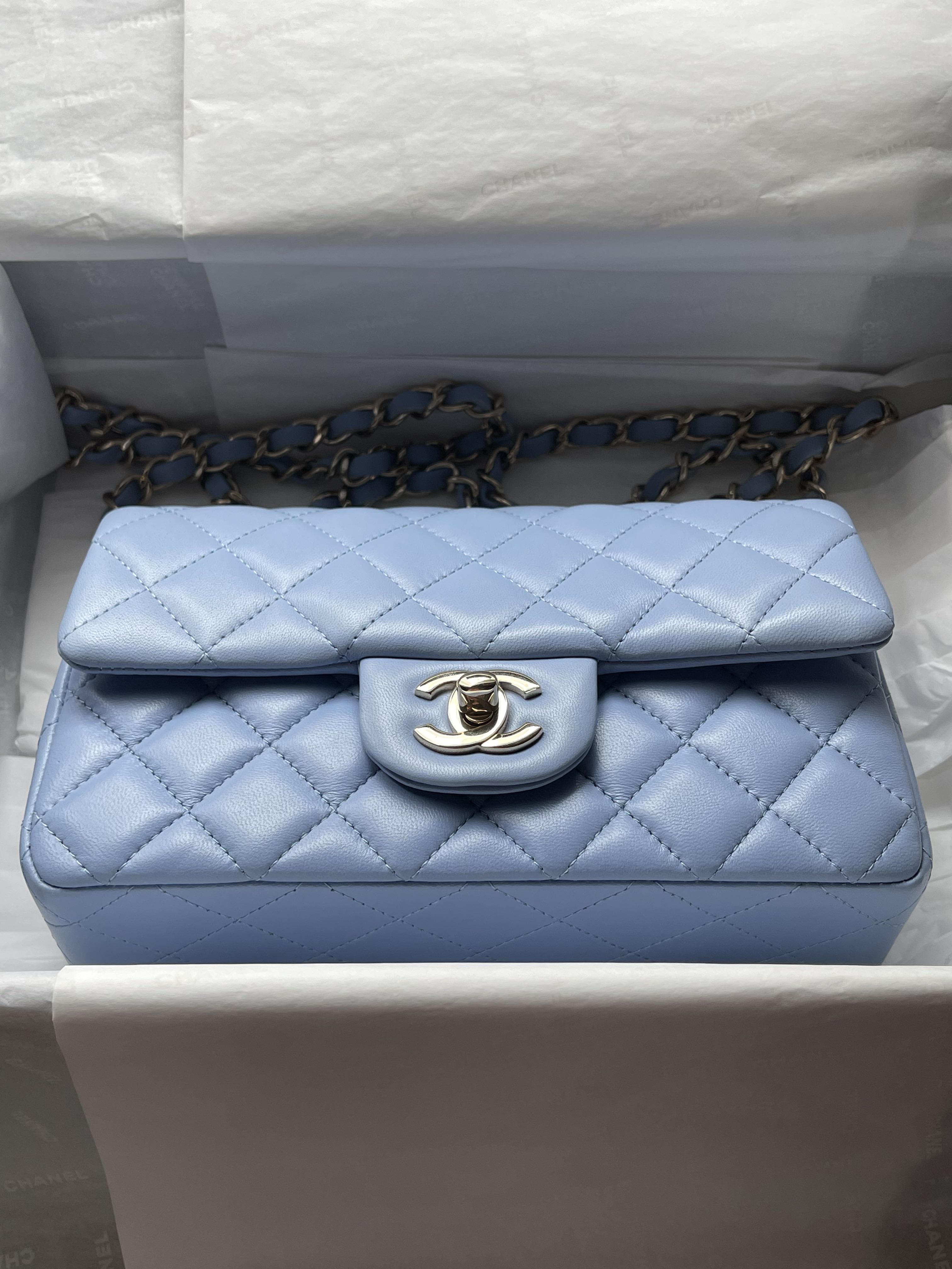 21C Chanel sky blue mini rectangle flap, Luxury, Bags & Wallets on Carousell
