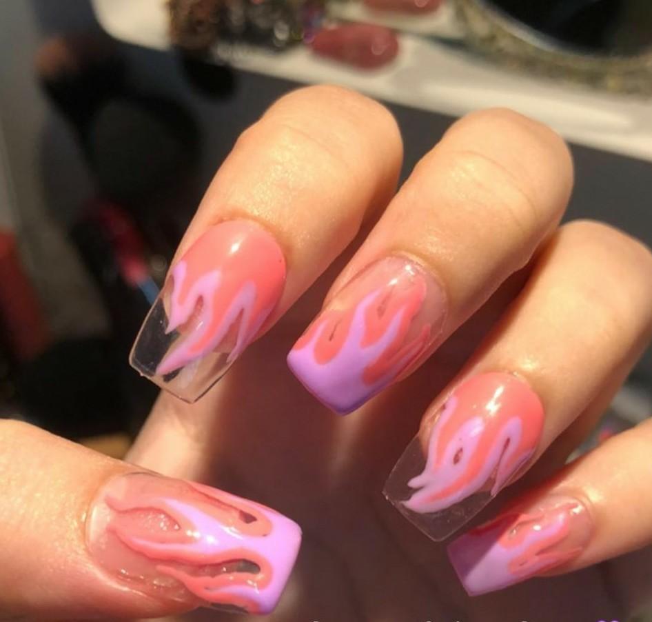2 different designs! Fire flame Reusable Stick on custom printed False nails  pink purple white fake nails nail art, Beauty & Personal Care, Hands & Nails  on Carousell