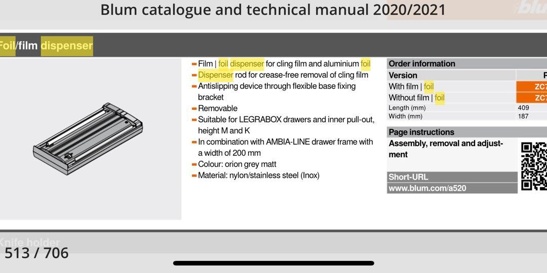 Blum ORGALINE Cling Film Dispenser, Furniture & Home Living