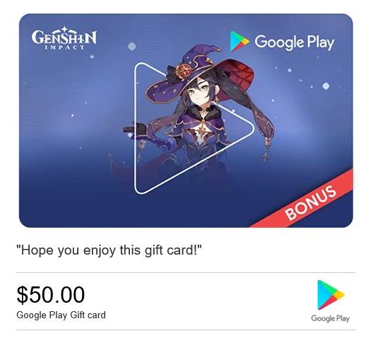 Google Play Gift Card Code 50 Private Chat Delivery Get An In Game Bonus In Genshin Impact Valued Up To 40 With Purchase Us Only Tickets Vouchers Gift Cards Vouchers