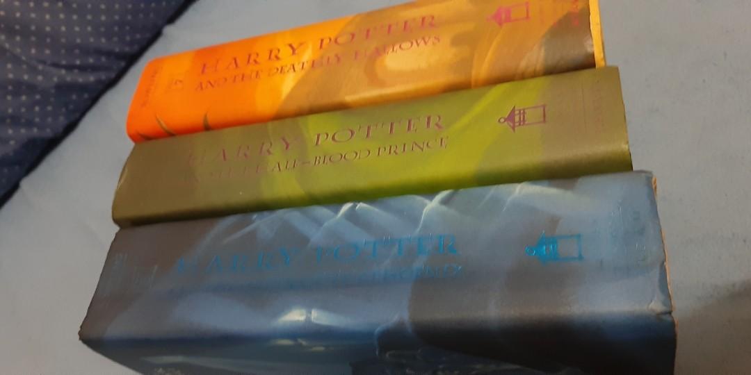 Harry Potter Hardbound Books 5, 6 &7 only (Category: Storybooks) located in Paranaque City. Submitted by hypnos924 (Listing ID 1100721036, Image 1). Description: P3,000 as a whole. (you'll buy all three together) P1,200 each (individually, buying only one book) Harry Potter and the Order of the Phoenix. Harry Potter and the Half Blood Prince. Harry Potter and the Deathly Hallows. - Hardbound books. First Edition. - Slight yellowing pages specific