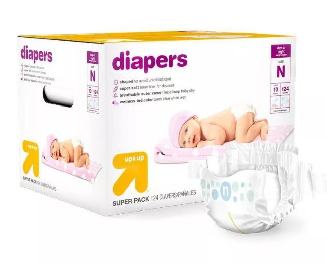 Up & Up Diaper, Newborn - 114 pcs. (Category: Diapers & Baby Wipes) located in Marikina City. Submitted by skowshop (Listing ID 1100797479, Image 1). Description: free of latex, lotion and fragrance soft and stretchy waist and sides super soft liner clinically proven gentle on skin umbilical cord cutout breathable outer cover wetness indicator turns blue when wet Day or night leak protection Up to 10 lbs Open box #up&updiaper #newborn #tapediaper