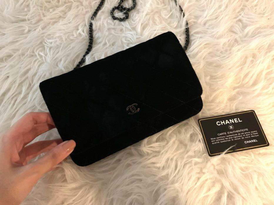 FLASH SALE Chanel Velvet Wallet on Chain WOC Gunmetal hardware Luxury Bags Wallets on Carousell