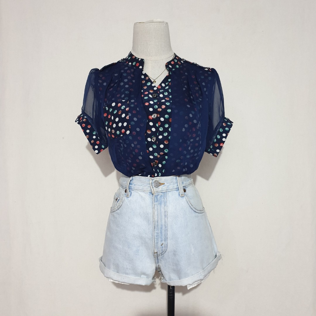 Navy Stripe Flor Sheer Sleeveless Zip Blouse - S/M main image 1