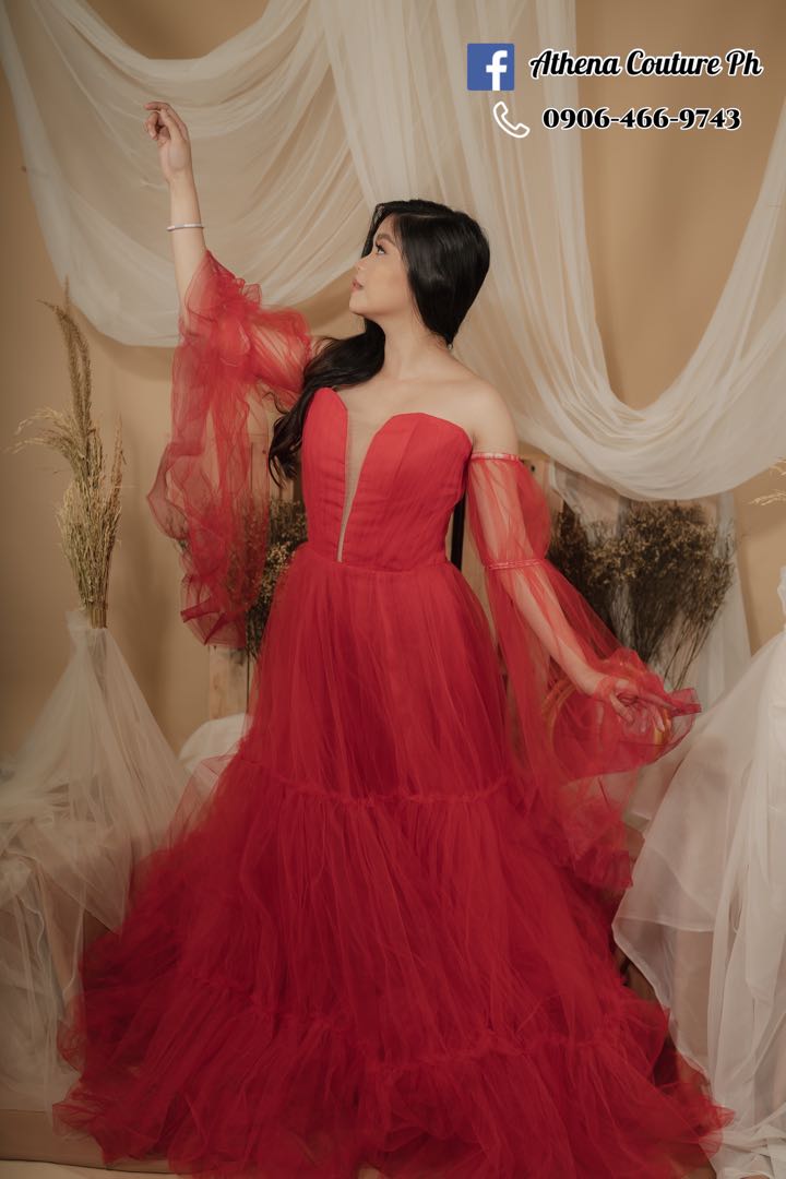 Red tulle boho fairy gown, Women's 