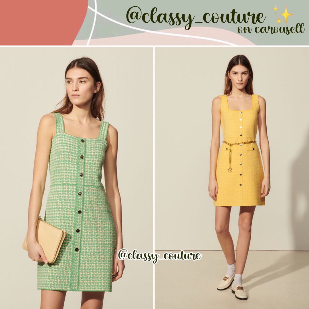 Sandro Green Strappy dress in fancy tweed Yellow Short Tweed