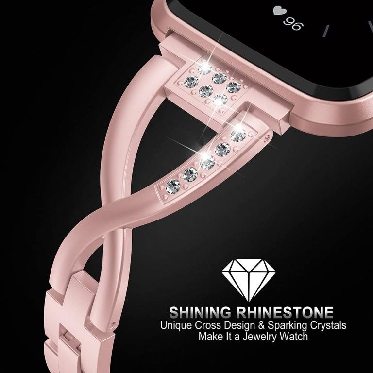 Wearlizer Compatible with Fitbit Versa 2 Bands for Women Bling Versa Watch Band Metal Fit Bit Versa Band Straps Accessories Wristbands Bracelet for Fitbit Versa Versa Lite Versa 2 Band Rose Gold Mobil...
