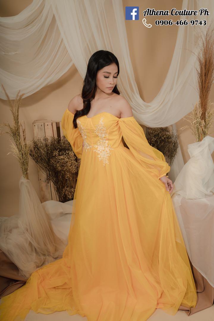 Yellow golden tulle boho fairy gown, Women's Fashion, Dresses & Sets,  Evening dresses & gowns on Carousell