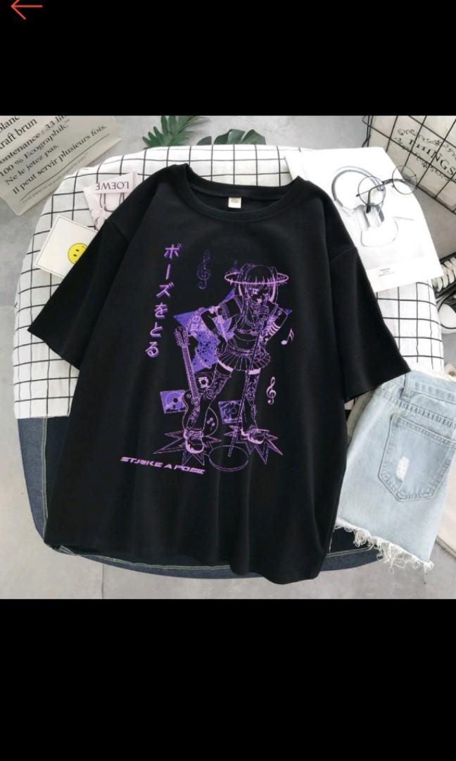 Black Shirt, purple eyes of a girl, japanese(?) writing, text which says  