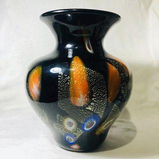 Elegant Black Art Glass Vase with Peacock Color Patterns by Kamei