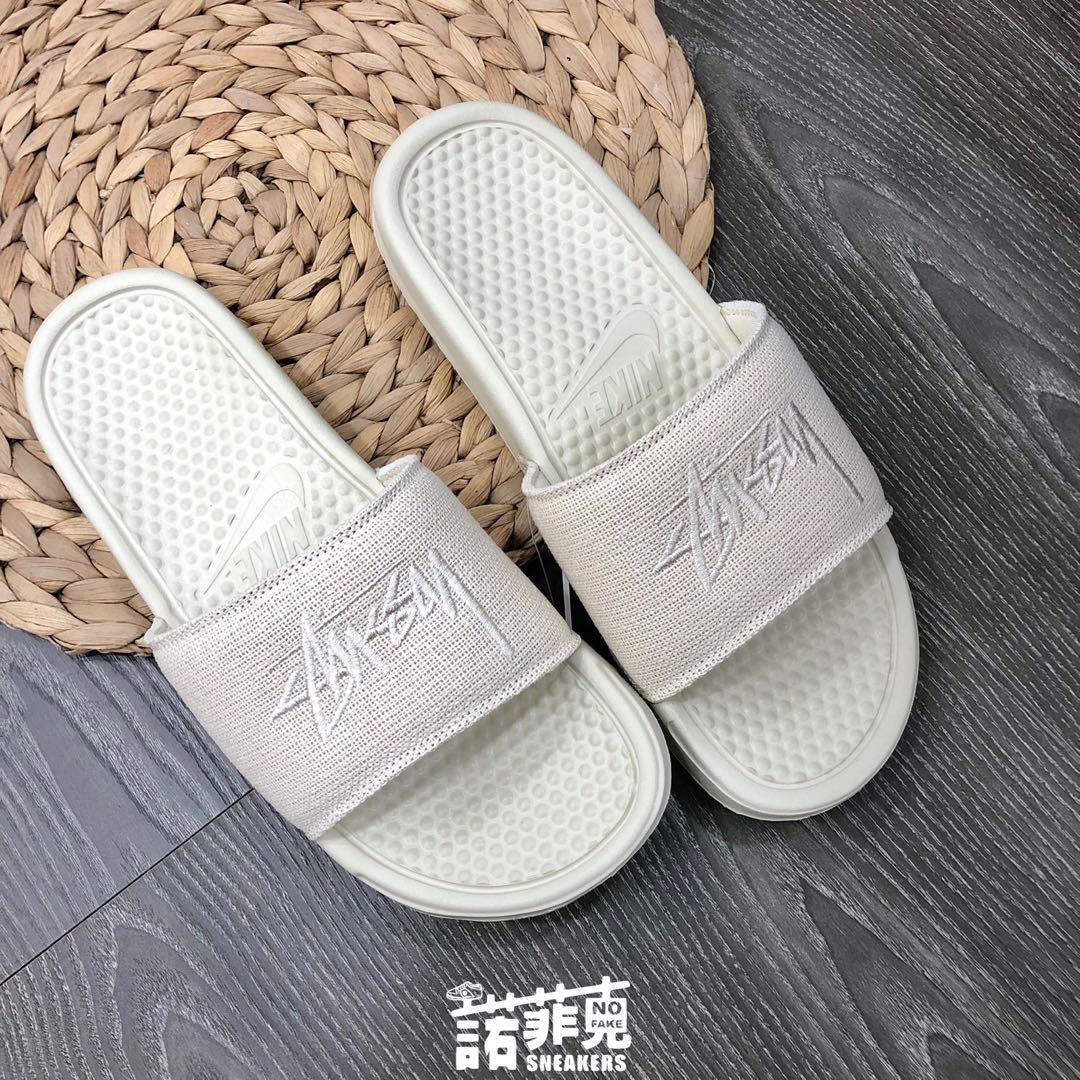 Nike Stussy Benassi 亞麻白刺繡Logo拖鞋23.5/27/29cm, 他的時尚, 鞋