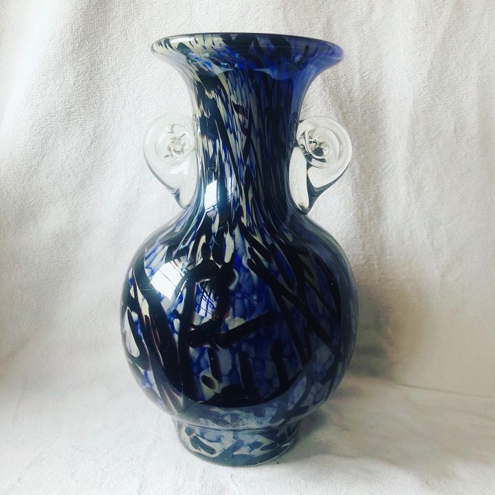 Stylish White Speckled Cobalt Blue Art Glass Vase with Circular Ears by ...