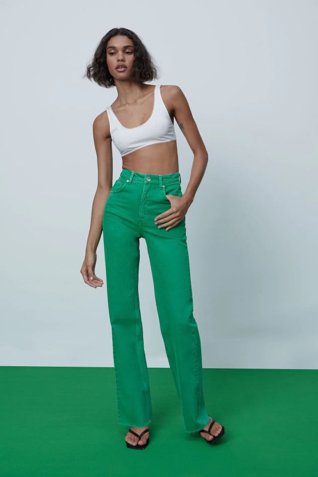 Zara green jeans wide leg, Women's Fashion, Bottoms, Jeans & Leggings ...