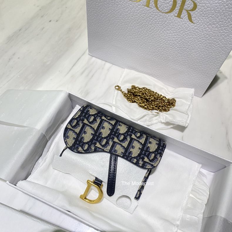 Authentic Christian Dior Blue Dior Oblique Jacquard Saddle Nano Pouch