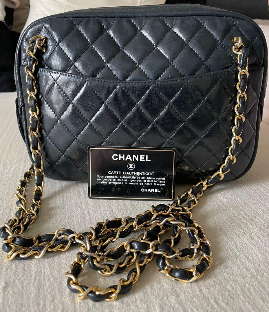 Chanel Vintage Beige Quilted Lambskin Leather Camera Bag with Gold Hardware