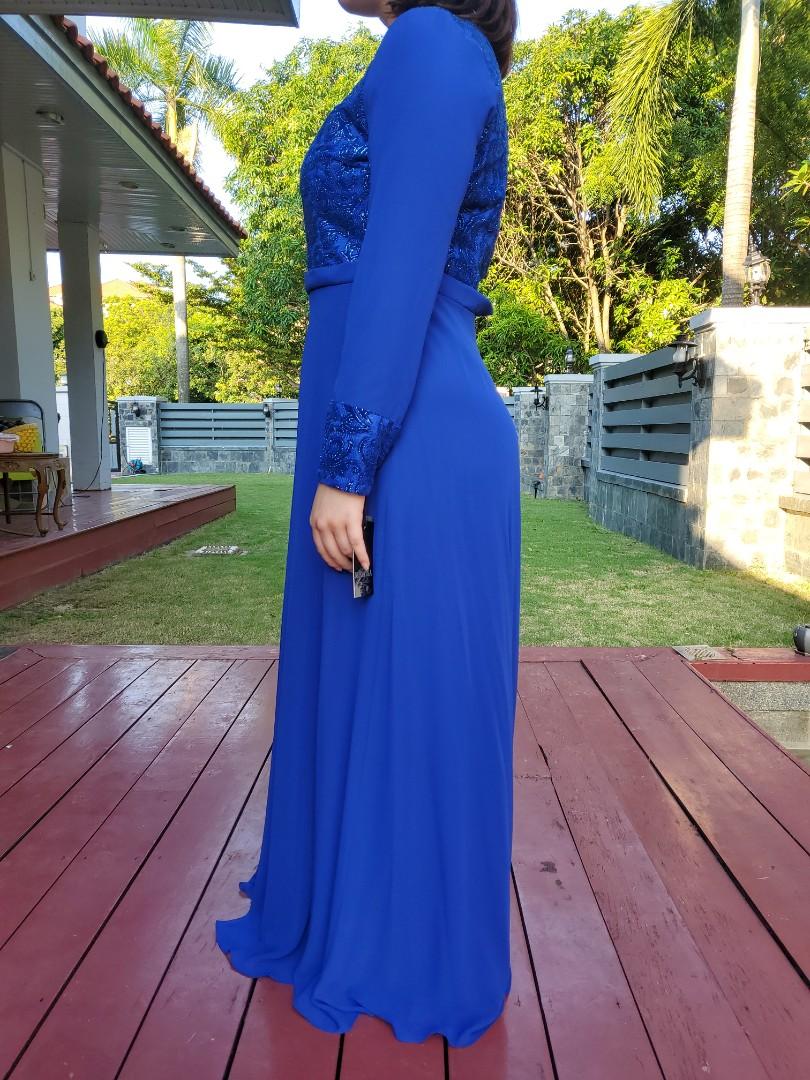 Patterned lace panel chiffon overlay royal blue dress best sale