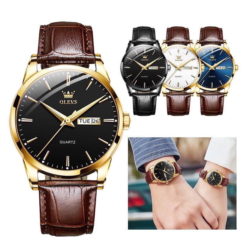 OLEVS Luxury Jam Tangan Perempuan Lelaki Couple Watch Women Original Casual Waterproof Quartz Luminous Leather Watch Men Watches