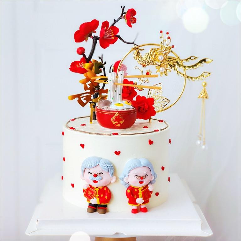 Pair of cranes with Shou cardboard / Longevity Noodles cake topper