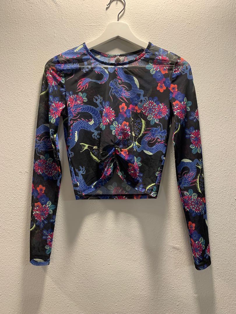 printed mesh top, Women's Fashion, Tops, Longsleeves on Carousell