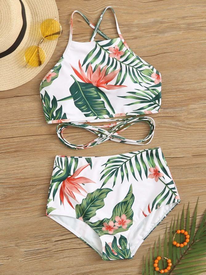 Shein Random Tropical Crisscross High Waisted Bikini Swimsuit Women s Fashion Swimwear Bikinis Swimsuits on Carousell