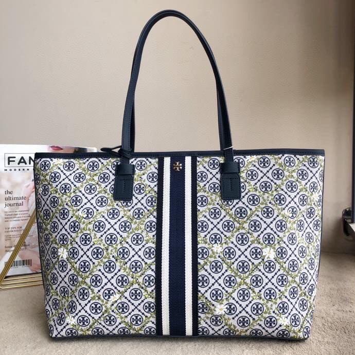 7817 TORY BURCH T Monogram Floral Vine Top Zip Tote Bag NAVY