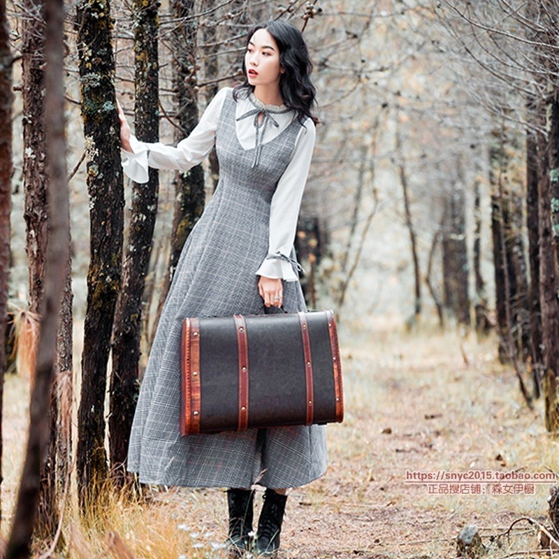 Vintage Long Sleeve Grey Checkered Dress Women s Fashion Dresses