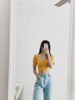 Yellow Square Neck Puffy Sleeve Top